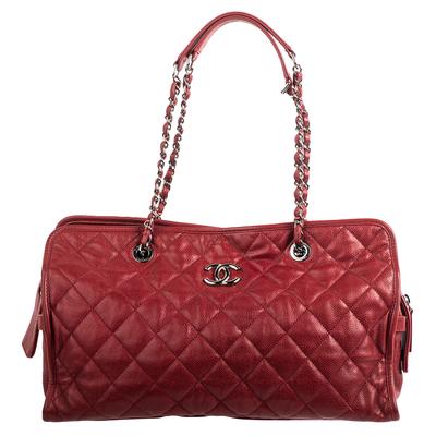 Chanel XL Red Tumbled Caviar Logo Tote Handbag 