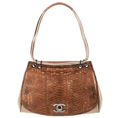 Chanel Medium Brown Python Flap Canvas Shoulder Handbag 
