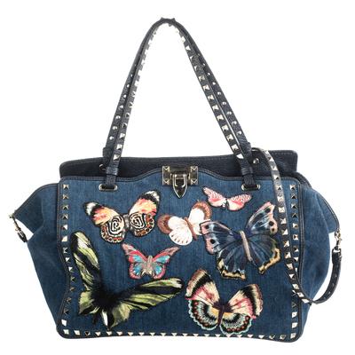 Valentino Blue Denim & Embroidered Butterfly Studded Tote Handbag  