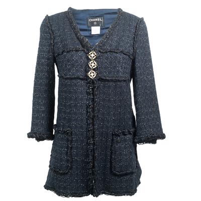 Chanel Size 38 Navy 2 Pocket Tweed Coat