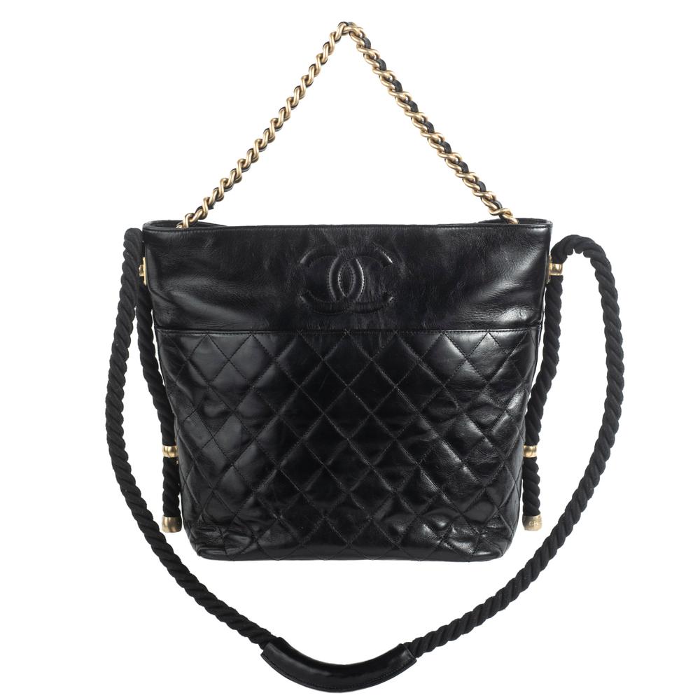  Chanel Large Black Rope Aged Calf Chain Crossbody