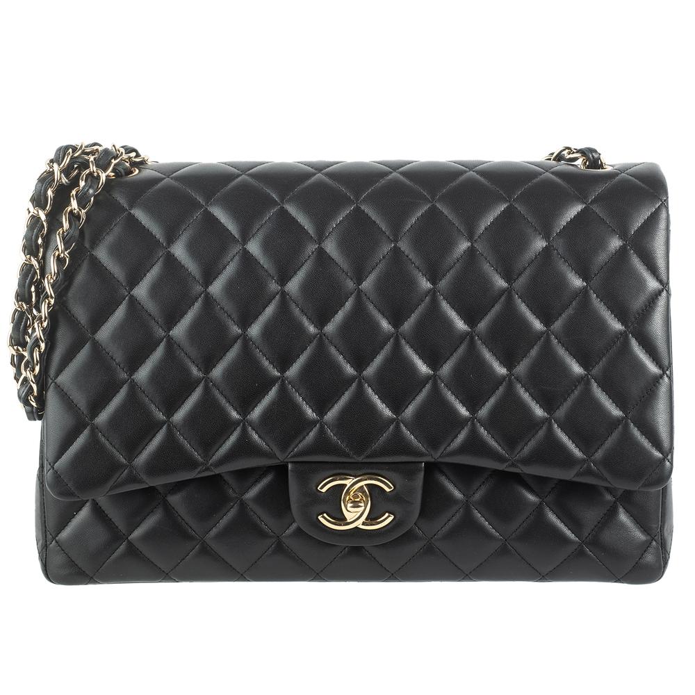  Chanel Black Lambskin Leather Maxi Handbag