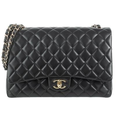 Chanel Black Lambskin Leather Maxi Handbag 