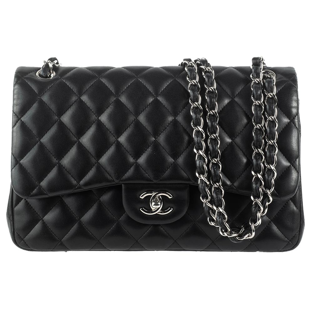  Chanel Jumbo Black Lambskin Leather Flap Handbag