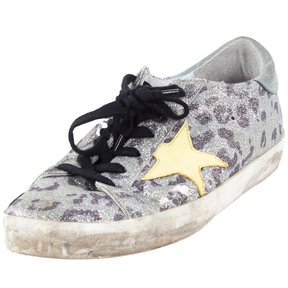  Golden Goose Size 39 Silver Glitter & Animal Print Sneakers