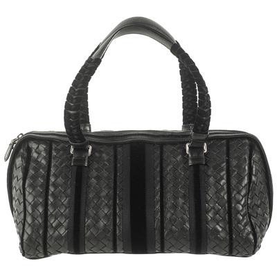 Bottega Veneta Black Woven Leather Velvet Trim Handbag