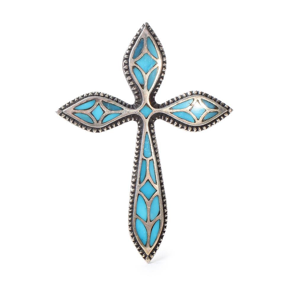  Silver Bead Trim Turquoise Inlay Cross
