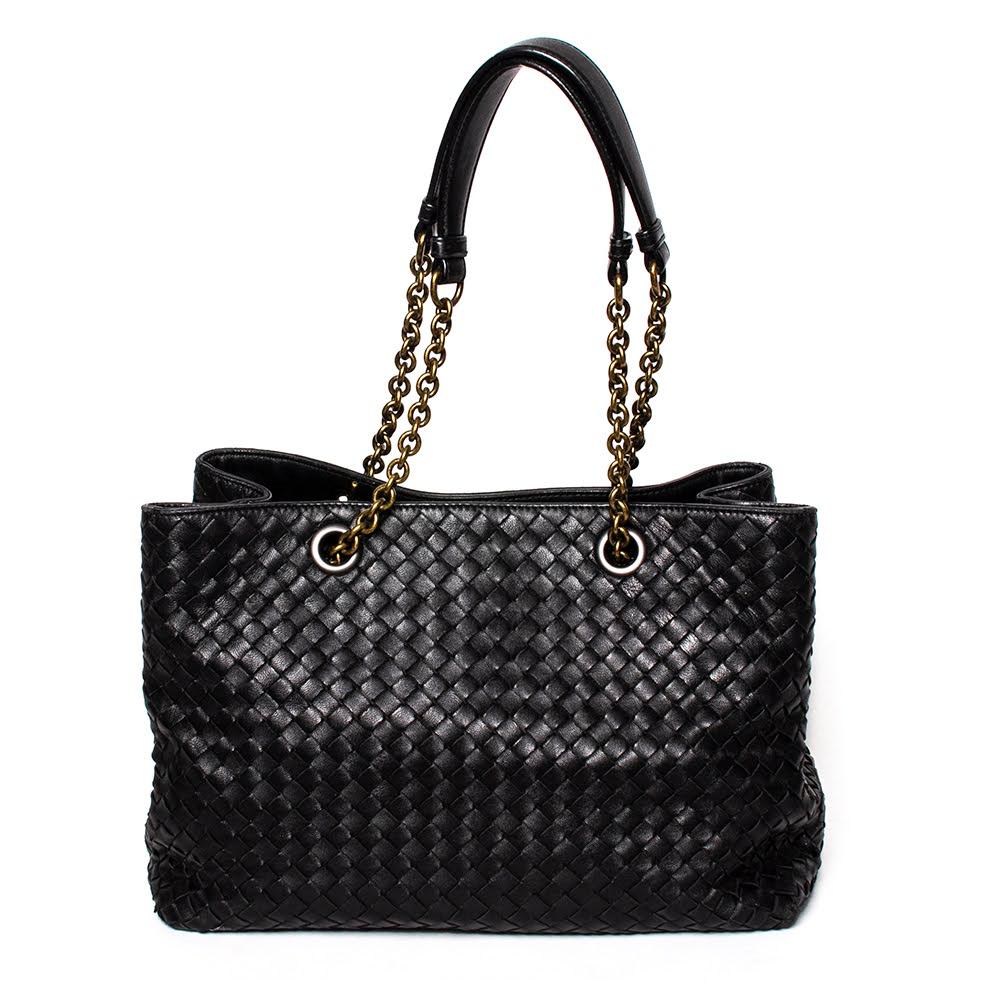  Bottega Veneta Black Leather Intrecciato Double Chain Handbag