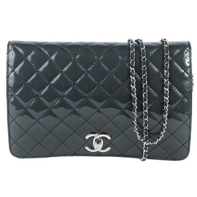 Chanel Medium Grey Patent Leather Metalic Quilted Chain Clutch