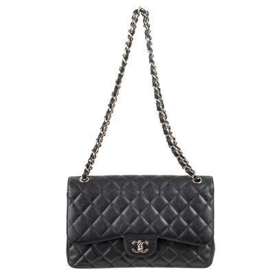 Chanel Black Jumbo Flap Caviar Silver Handbag