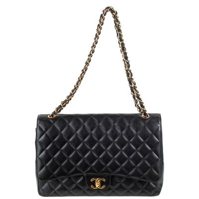 Chanel Black Maxi Flap Caviar Gold Strap Handbag 