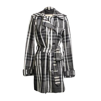 Burberry Size 4 Black and White Metallic Check Trench Coat
