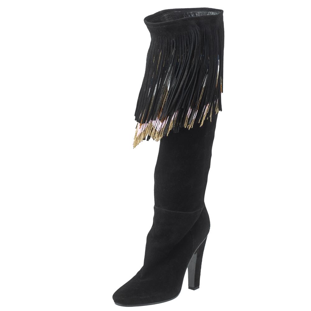  Jimmy Choo Size 37 Black Suede Beaded Fringed Boots