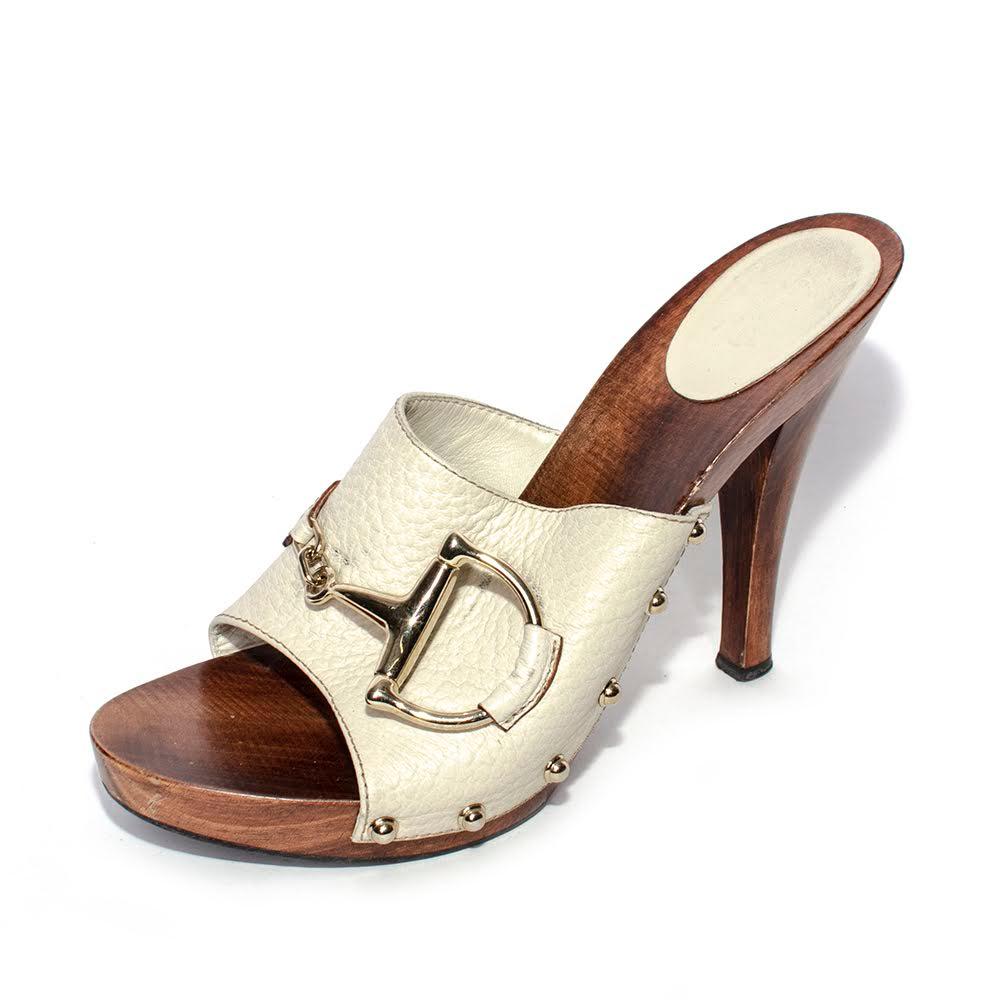  Gucci Size 9.5 White Leather Wood Heels