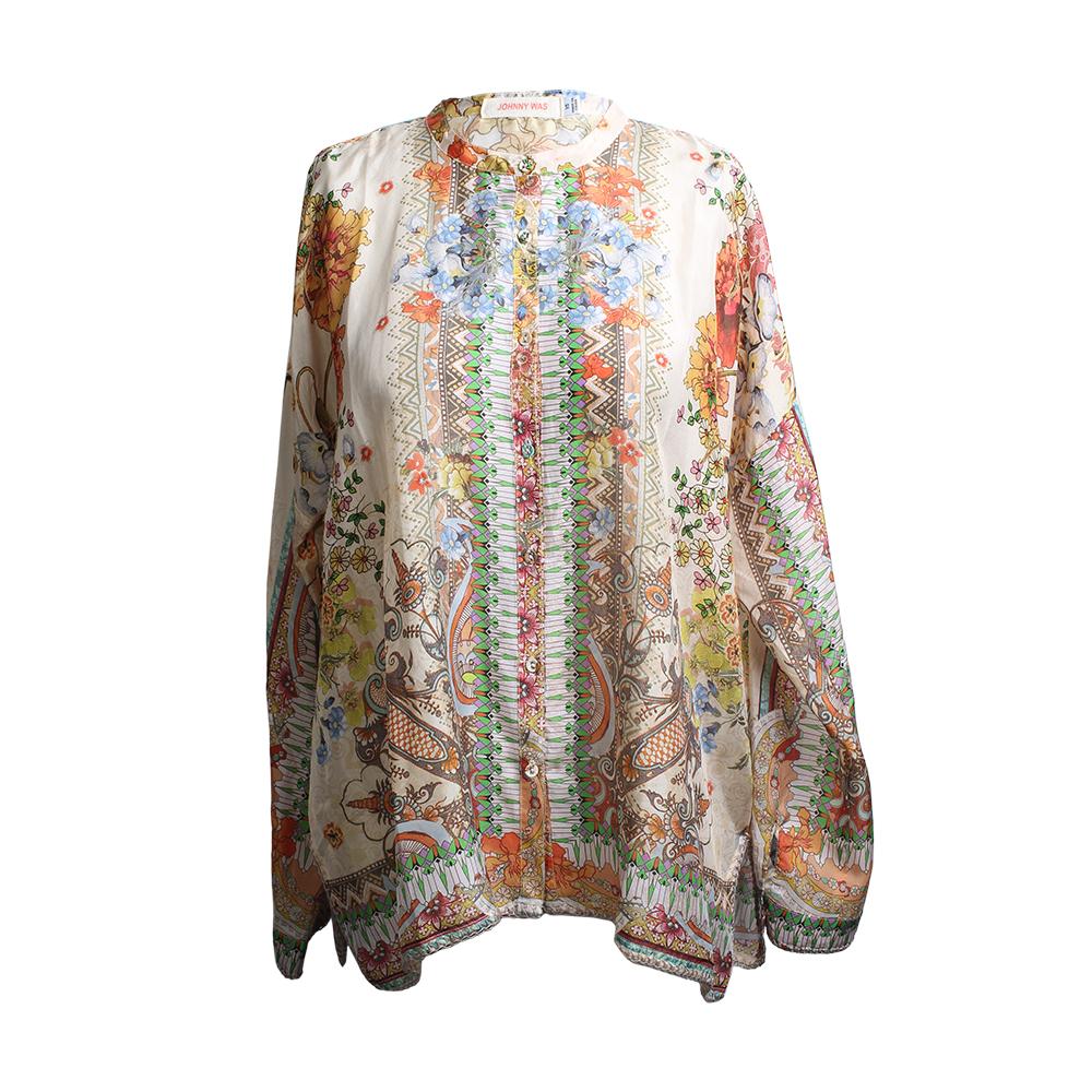  Johnny Was Size Xs Floral Print Silk Button Front Blouse