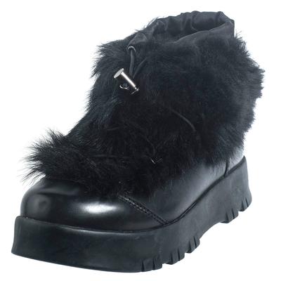 Prada Size 36 Black Fur Leather Drawstring Boots