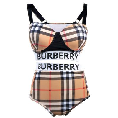 Burberry Size Small Tan Plaid 2 Piece Swimsuit