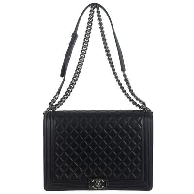 Chanel Large Black Lambskin Quilted Boy Bag Handbag 