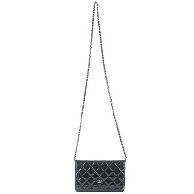 Chanel Small Black Patent Quilted Leather Wallet on Chain