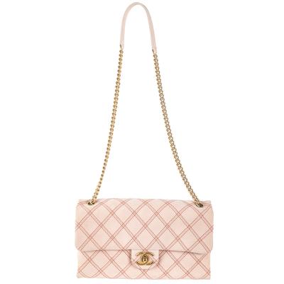 Chanel Medium Pink Blush Metallic Quilted Thread Flap CC Handbag 