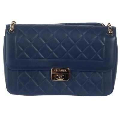 New Chanel Large Navy Bordered Quilted Leather Flap Handbag 