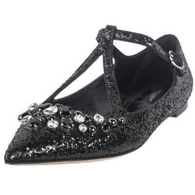 Dolce & Gabbana Size 39 Black Glitter Jeweled Strap Flats