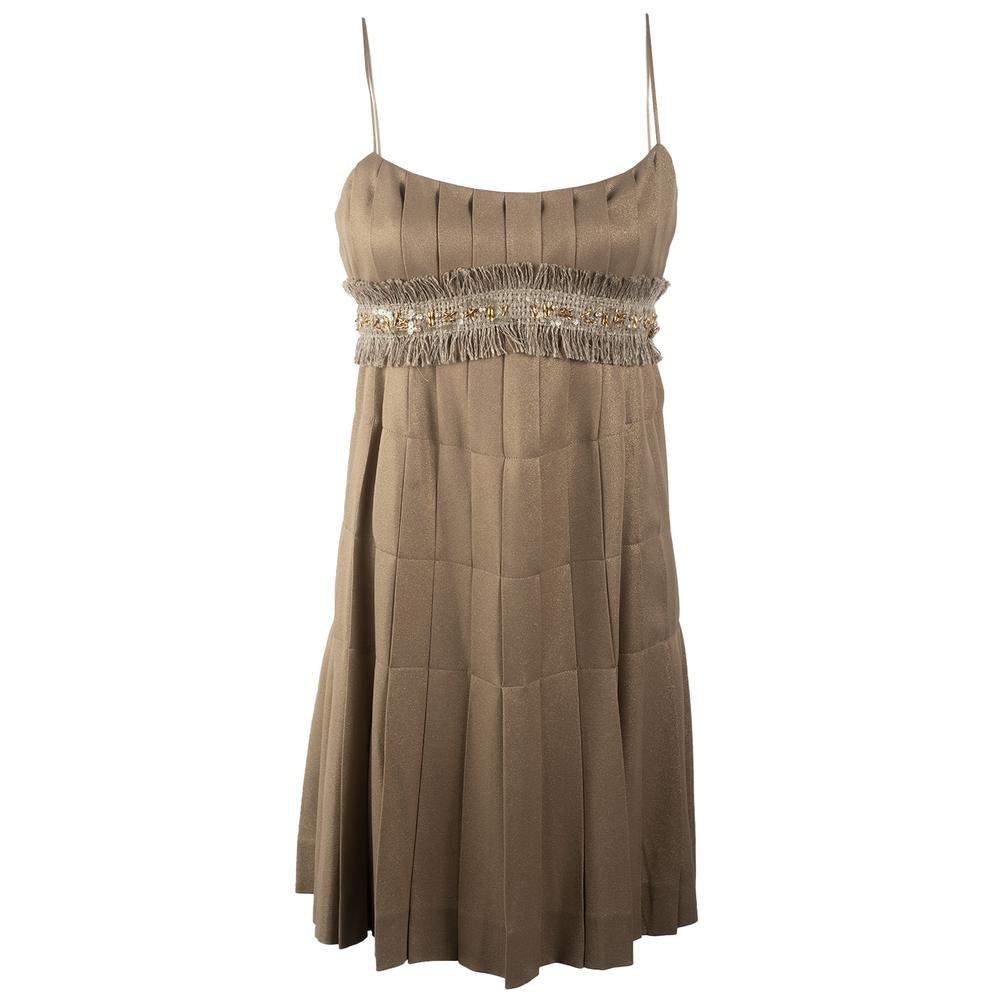  Chanel Size 36 Brown Silk Pleated Short Dress