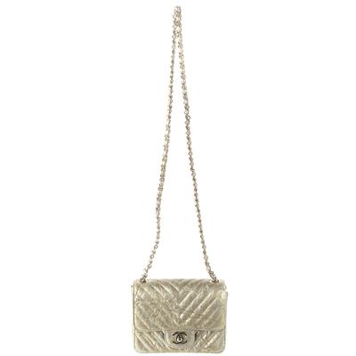 Chanel Small Gold Patent Leather Chevron MIni Flap Handbag 