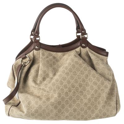 Gucci XL Tan Canvas Leather Trim Handbag