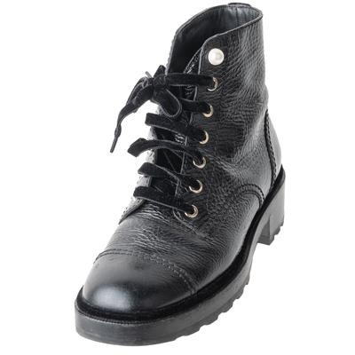 Chanel Size 39 Black Leather 2 Pearl Velvet Lace Combat Boots 