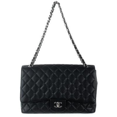 Chanel Large Black Caviar Leather Maxi Flap Silver CC Handbag 