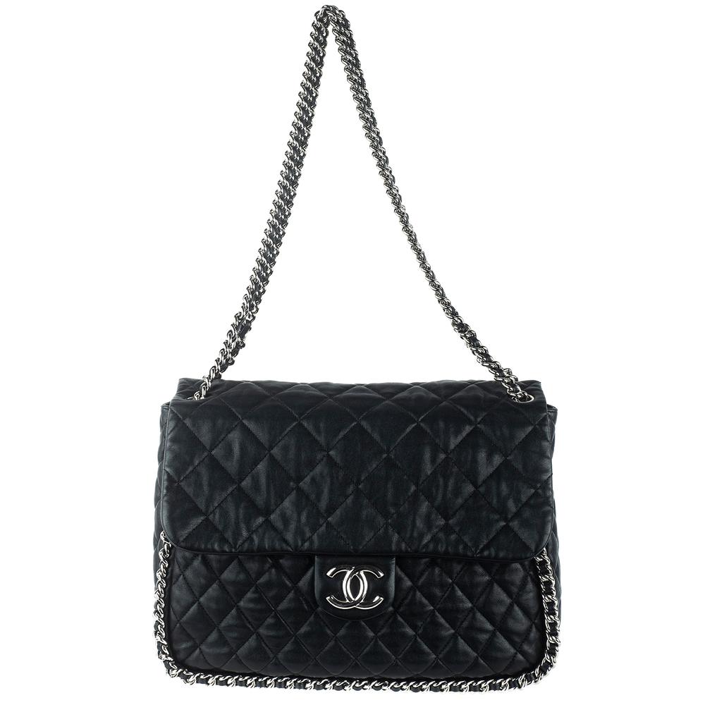  Chanel Large Black Leather Maxi Flap Chain Around Handbag