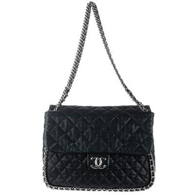 Chanel Large Black Leather Maxi Flap Chain Around Handbag 