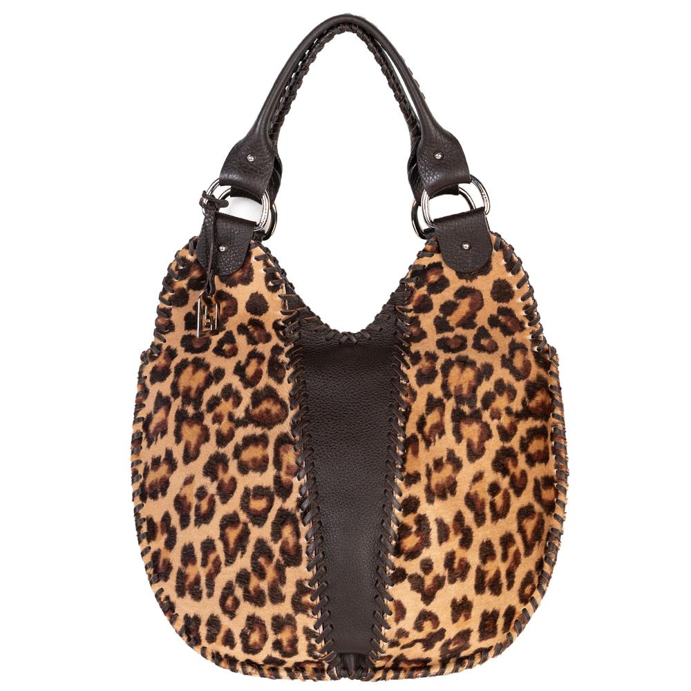  Fendi Brown Leopard Print Braided Leather Handbag