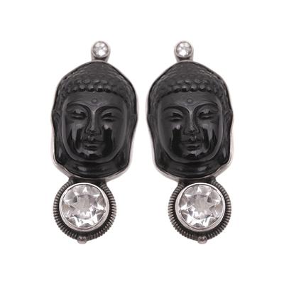 Echo of the Dreamer Silver and Onyx Buddha Earrings