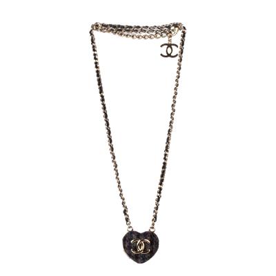 Chanel Grey Tweed Leather Heart Necklace