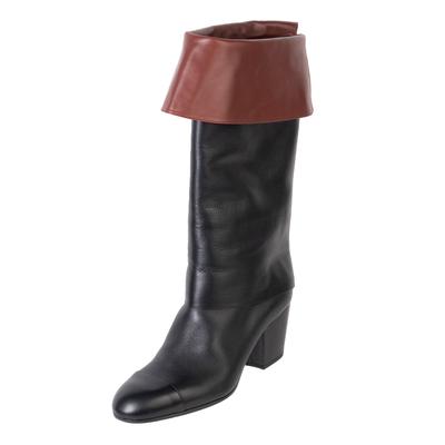 Chanel Size 39.5 Black Leather Brown Cuff Boots