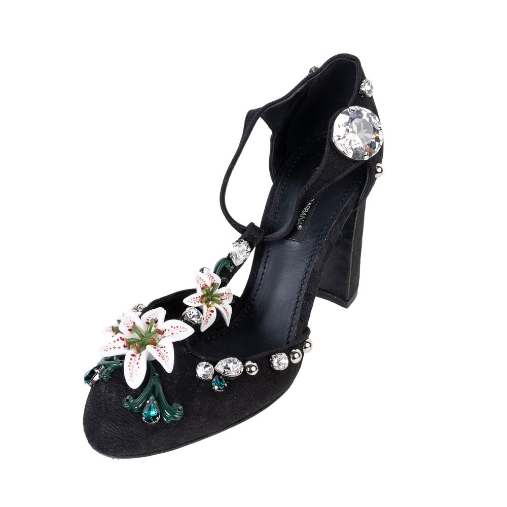  Dolce & Gabbana Size 36 Black Jeweled T Strap Heels