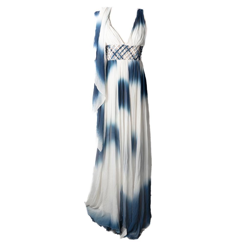  Oscar De La Renta Size 6 Blue & White Silk Maxi Dress