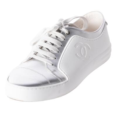 Chanel Size 37.5 White Lace Up Logo Sneakers