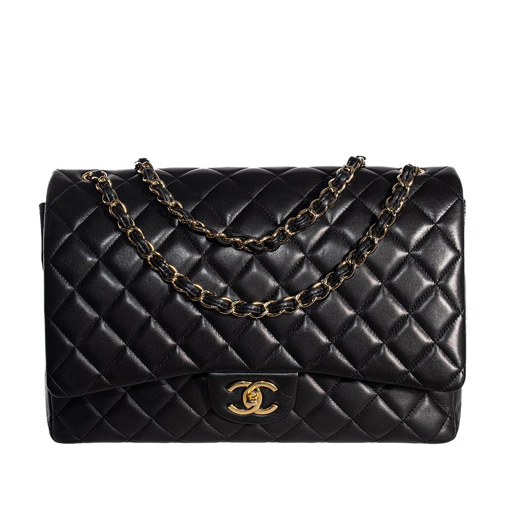  Chanel Black Lambskin Double Flap Maxi Handbag