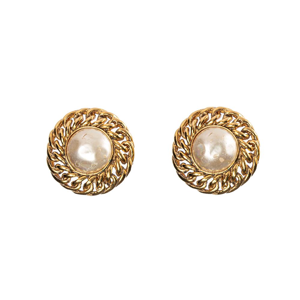 Chanel Vintage Imitation Pearl And Gold Metal CC Chain Earrings
