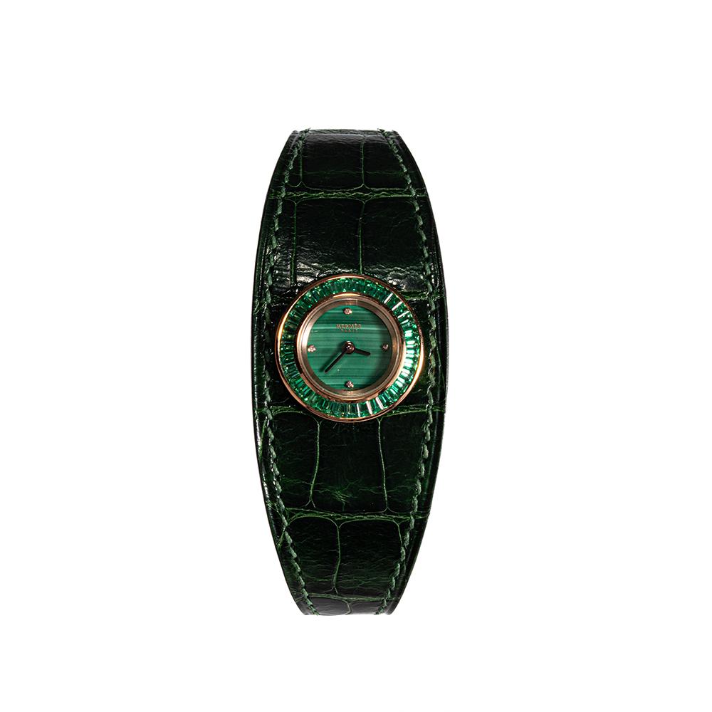  Hermes Green Faubourg Manchette Emerald & Malachite Face Watch