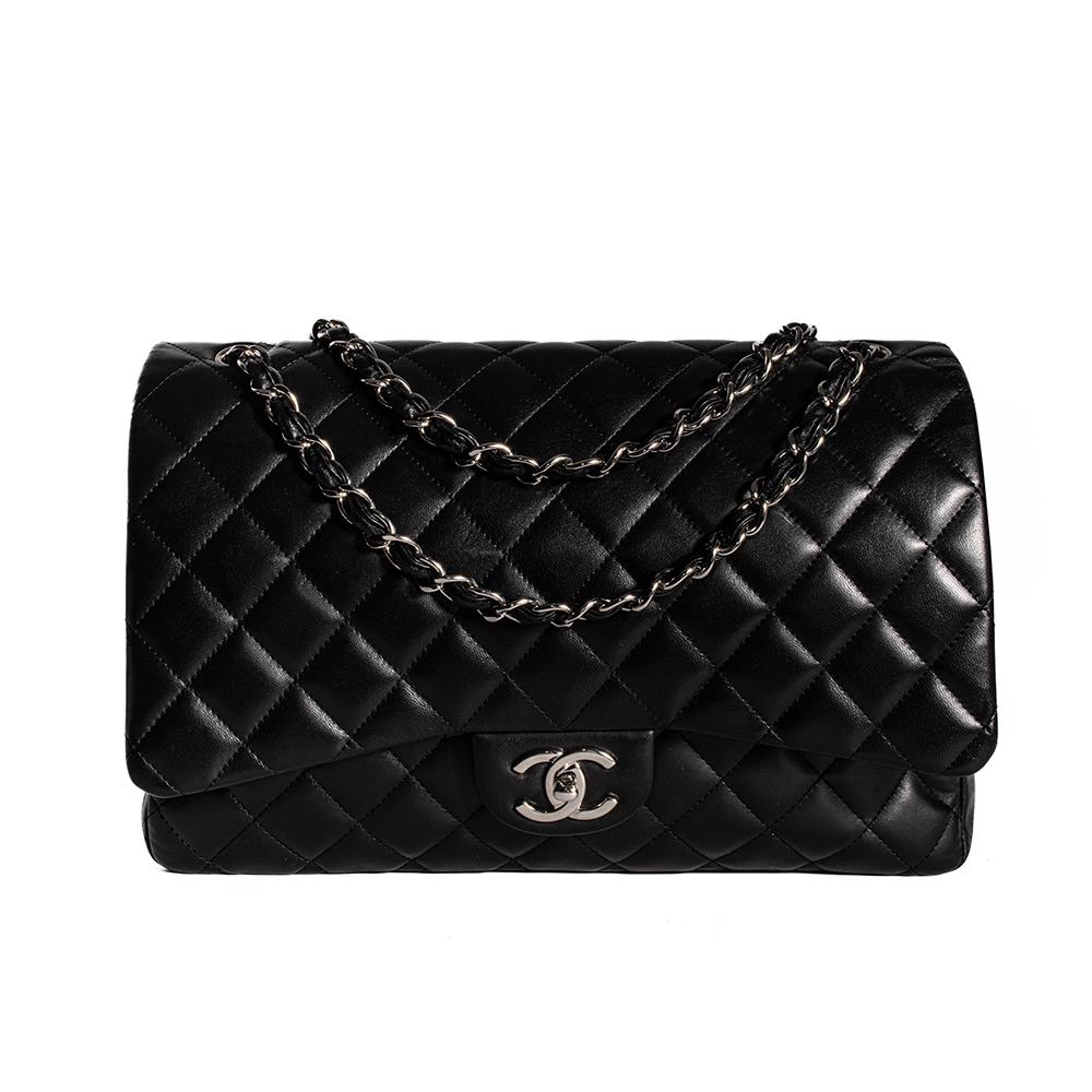 My Sister's Closet  Chanel Chanel Black Lambskin Maxi Flap Bag with Silver  Hardware