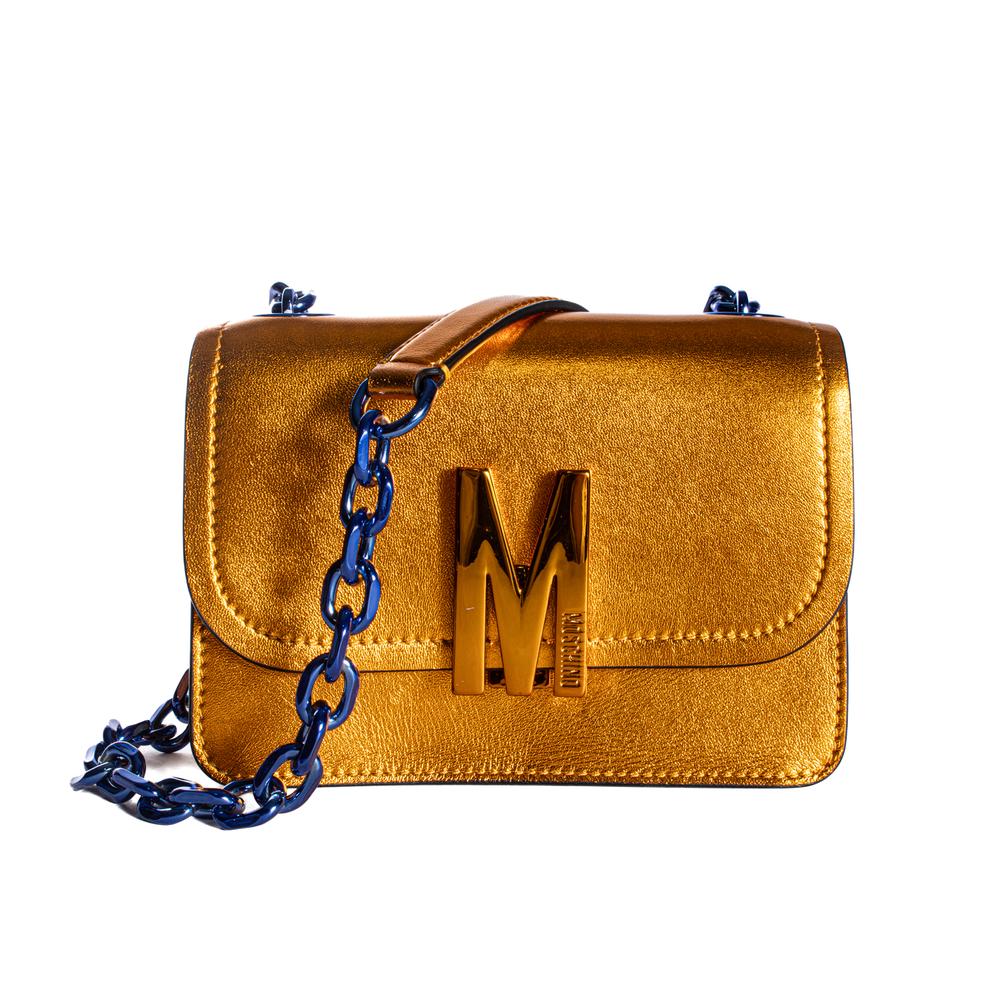  Moschino Orange Metallic Leather Flap Blue Chain Handbag