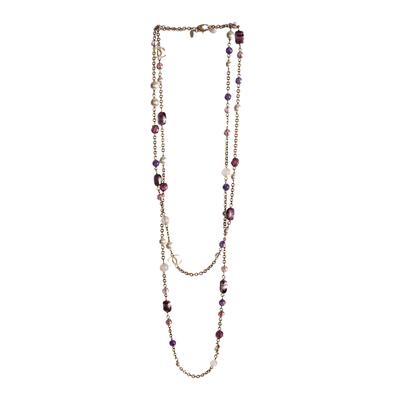 Chanel Long Strand Gold Tone Purple Stone And Pearl Necklace