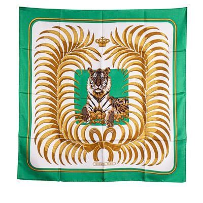Hermes Green Tiger Print Silk Scarf