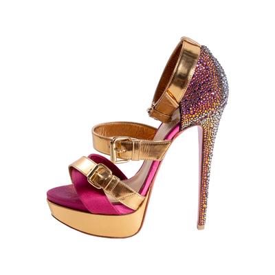 Christian Louboutin Size 37 Gold Strappy Crystal High Heels
