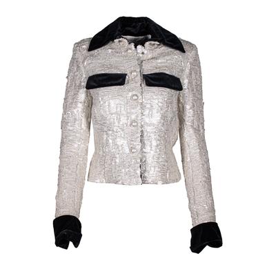 Chanel Size 36 2019 White Sequin Velvet Trim Jacket