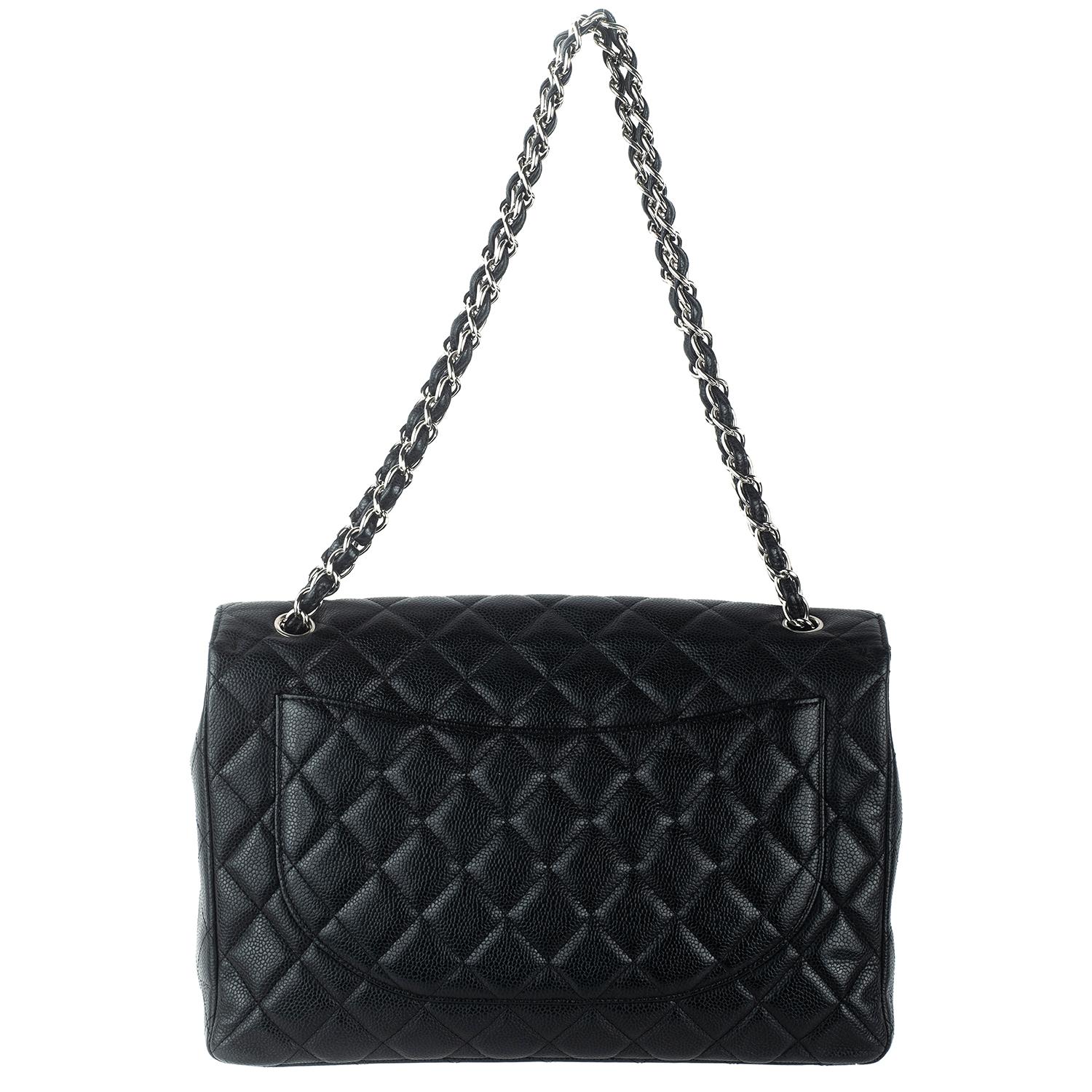 My Sister's Closet | Chanel Chanel Large Black Caviar Leather Maxi Flap  Silver CC Handbag